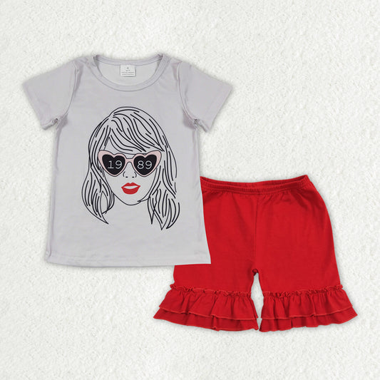 GSSO1377 Taylor Swift 1989 Beige Short-Sleeved Red Ruffle Shorts Girls Sets RTS 202508