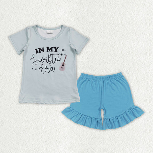 GSSO1380 Taylor Swift Letter Gray Blue Short-Sleeved Sky Blue Ruffle Shorts Girls Sets RTS 202508
