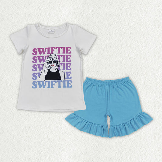 GSSO1381 Taylor Swift White Short-Sleeved Sky Blue Ruffle Shorts Girls Sets RTS 202508