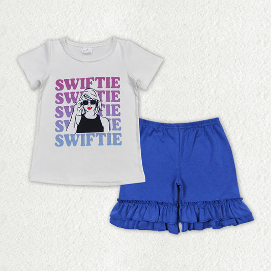 GSSO1382 Taylor Swift White Short-Sleeved Blue Ruffle Shorts Girls Sets RTS 202508