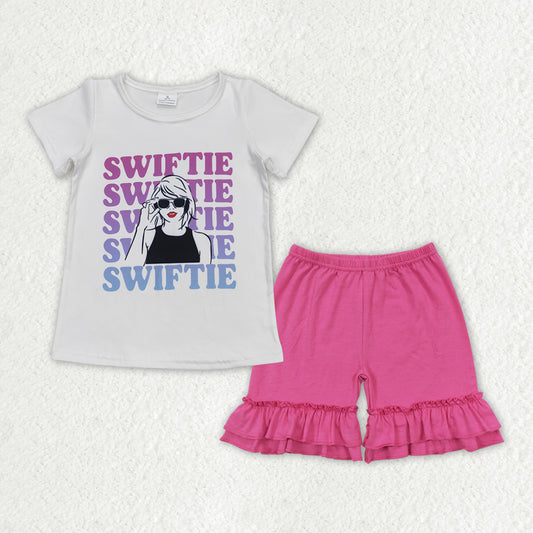 GSSO1383 Taylor Swift White Short-Sleeved Rose Red Ruffle Shorts Girls Sets RTS 202508