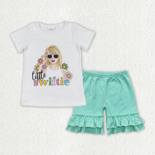 GSSO1384 Taylor Swift White Short-Sleeved Mint Green Ruffle Shorts Girls Sets RTS 202508