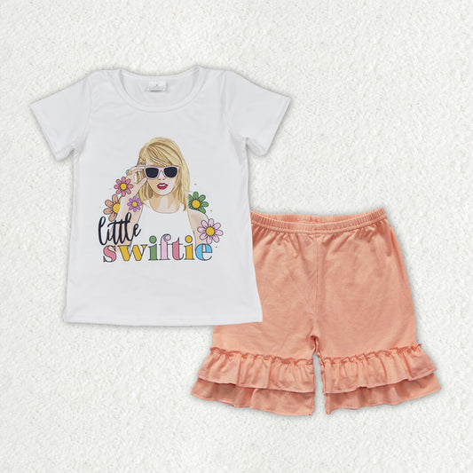 GSSO1385 Taylor Swift White Short-Sleeved Orange Ruffle Shorts Girls Sets RTS 202508