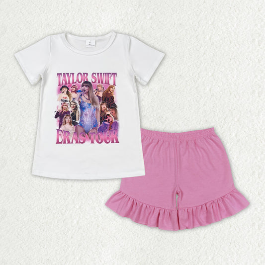GSSO1389 Taylor Swift White Short-Sleeved Pink Ruffle Shorts Girls Sets RTS 202508