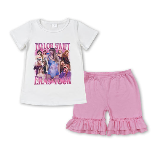 GSSO1390 Taylor Swift White Short-Sleeved Pink Double Ruffle Shorts Girls Sets RTS 202508