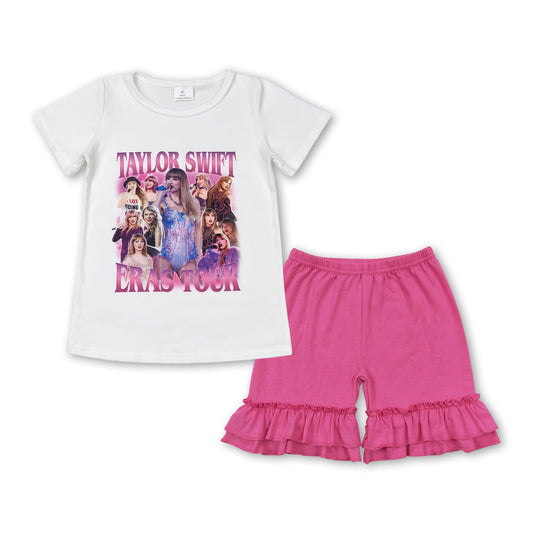 GSSO1391 Taylor Swift White Short-Sleeved Rose Red Double Ruffle Shorts Girls Sets RTS 202508