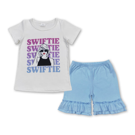 GSSO1392 Taylor Swift White Short-Sleeved Blue Double Ruffle Shorts Girls Sets RTS 202508