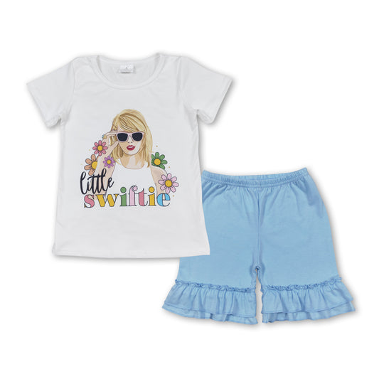 GSSO1393 Taylor Swift Flower White Short-Sleeved Blue Double Ruffle Shorts Girls Sets RTS 202508