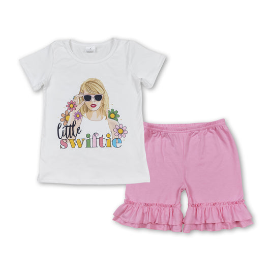 GSSO1394 Taylor Swift Flower White Short-Sleeved Pink Double Ruffle Shorts Girls Sets RTS 202508