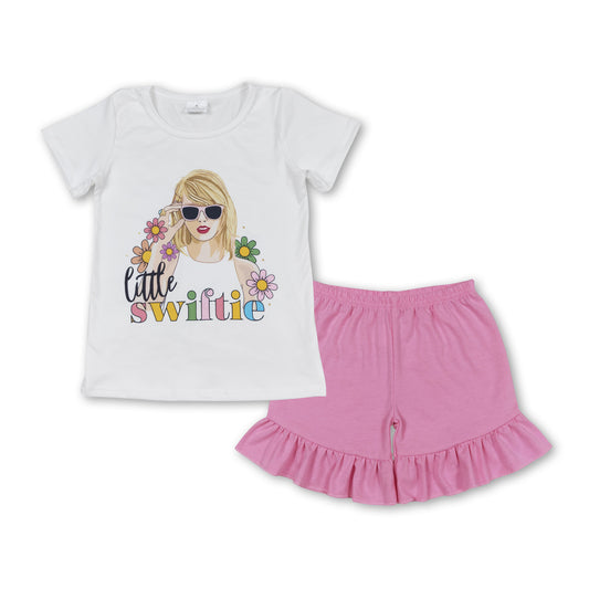 GSSO1395 Taylor Swift Flower White Short-Sleeved Pink Ruffle Shorts Girls Sets RTS 202508