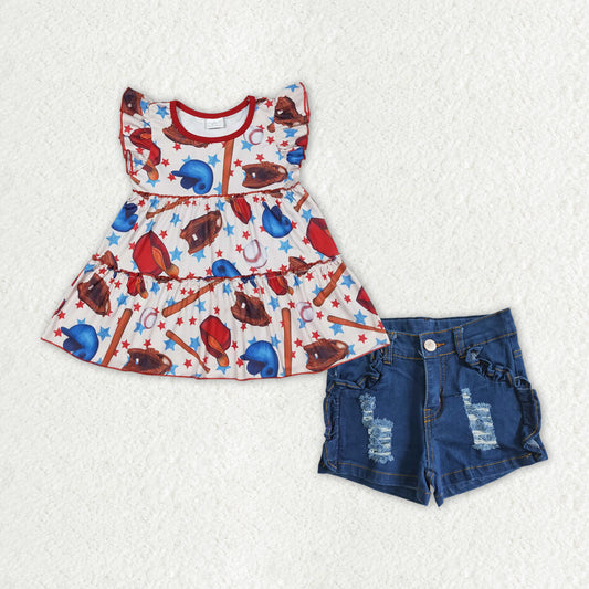 GSSO1412 Small flying sleeve baseball print top blue denim shorts high quality wholesale kids girl clothing sets