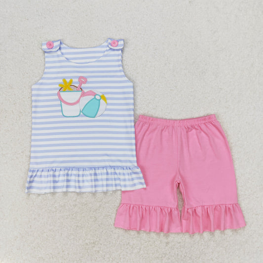 GSSO1442 Beach ball Starfish barrel Blue White striped sleeveless pink straight leg lace shorts set high quality wholesale