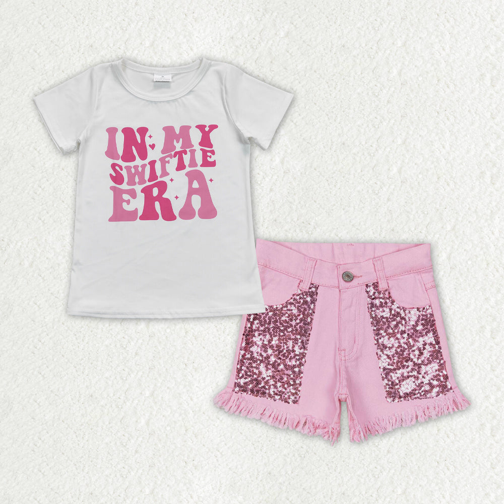 GSSO1444 in my swiftie era Letter white short-sleeved pink sequined denim shorts suit kid clothing set for girl summer