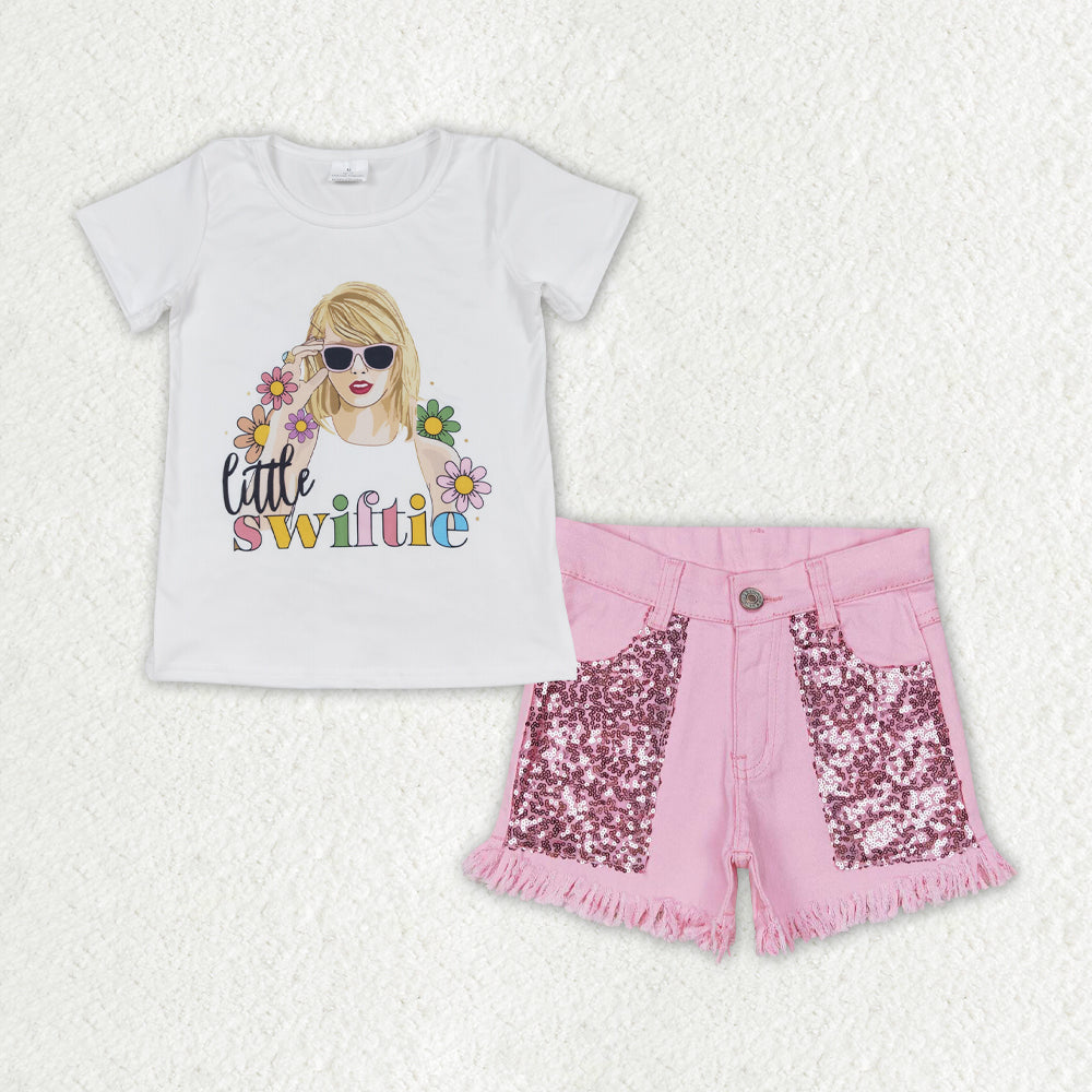 GSSO1445 little swiftie floral short-sleeved pink sequined denim shorts outfit