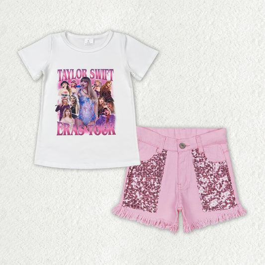 GSSO1446 taylor swift eras tour white short-sleeved pink sequined denim shorts outfit