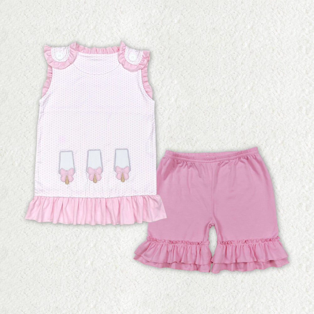 GSSO1455 Ice cream bow pink polka dot sleeveless pink purple lace shorts set