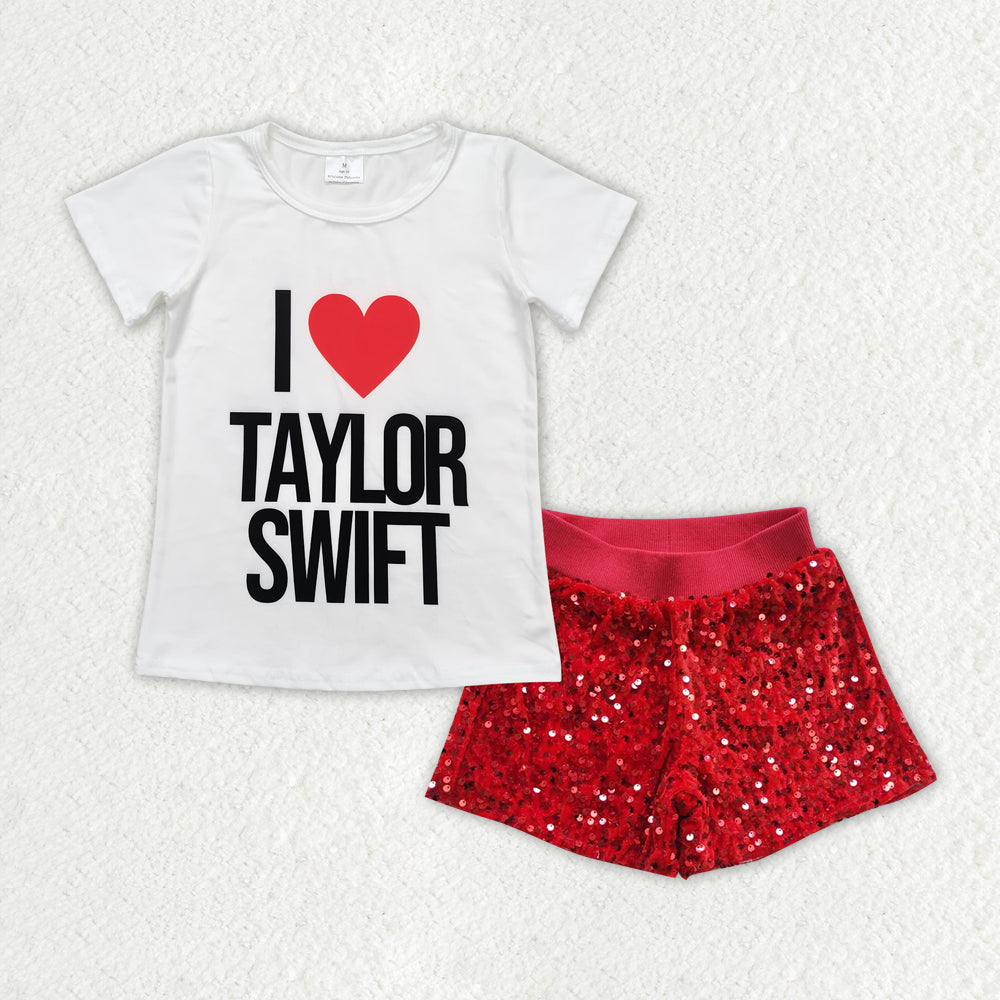 GSSO1456 I love taylor swift white short-sleeved red sequined shorts suit