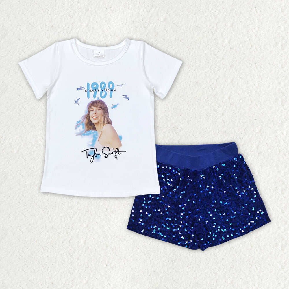 GSSO1459 1989 taylor swift white short-sleeved royal blue sequined shorts suit