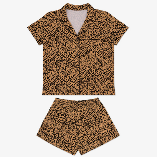 Preorder GSSO1461 Black leopard print brown short-sleeved shorts pajamas set for adult women