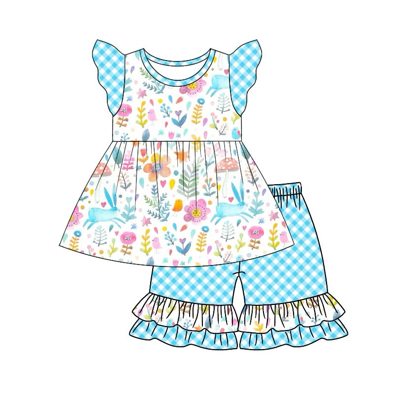 Preorder GSSO1462 Bunny flower leaves Blue plaid lace White flying sleeve shorts set