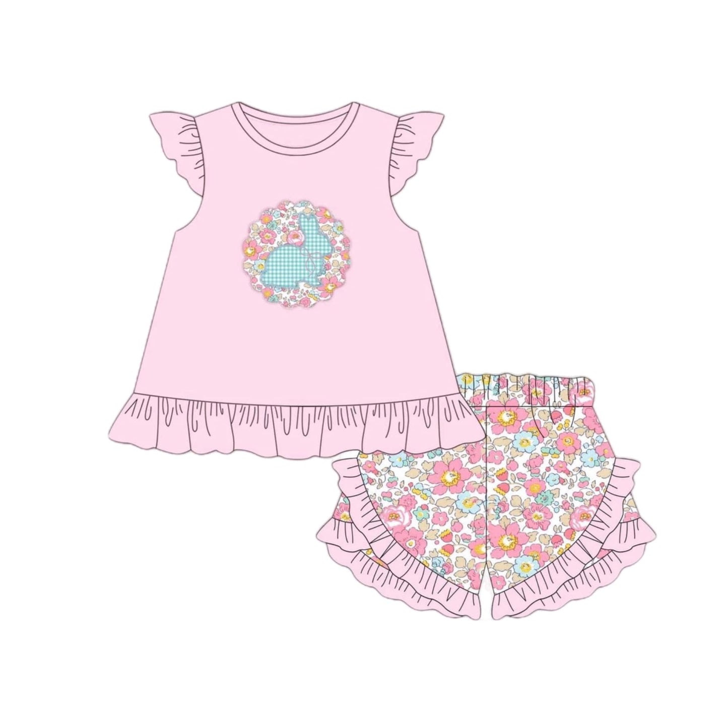 Preorder GSSO1475 Easter floral plaid Bunny pink flying sleeve shorts set