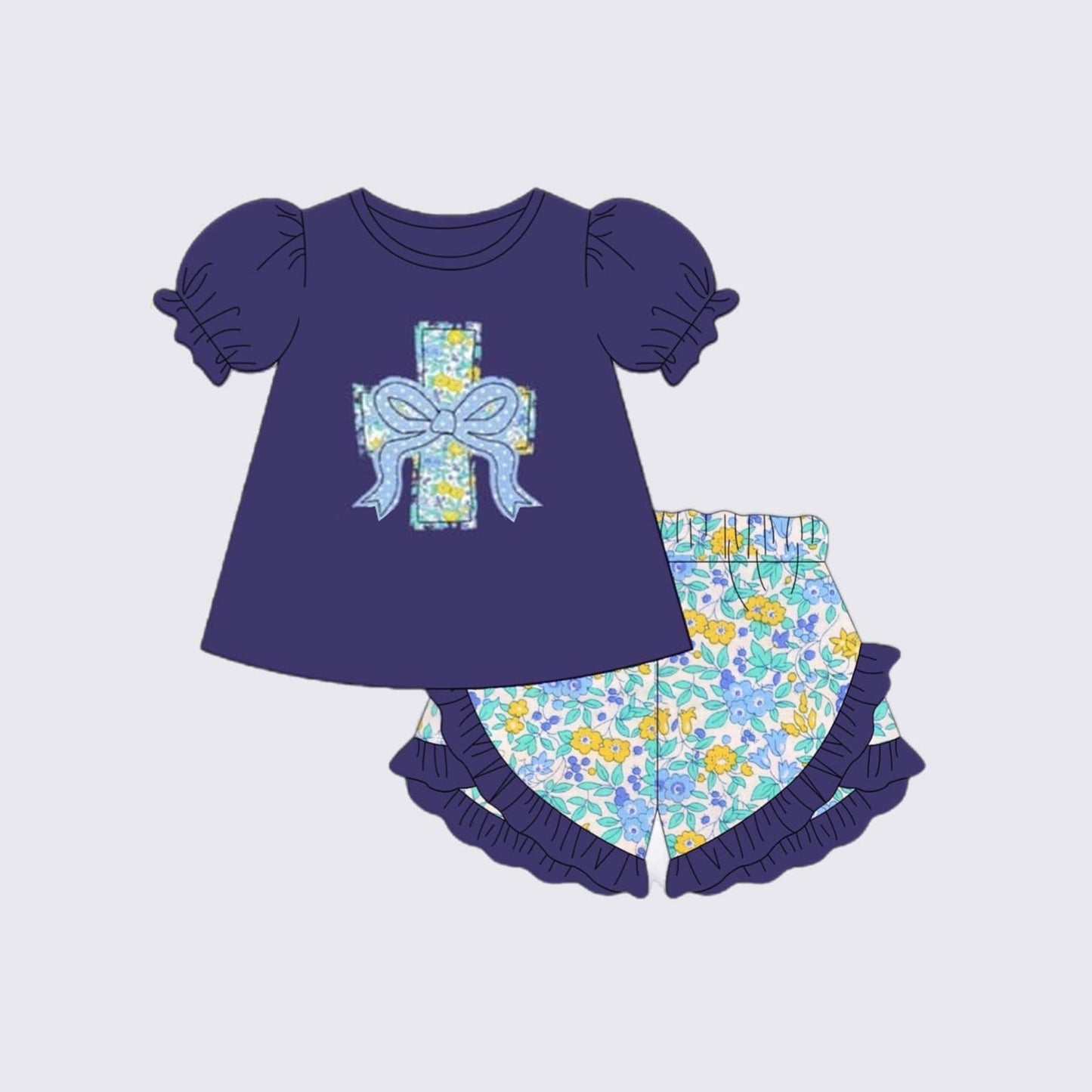 Preorder GSSO1477 Easter bow cross navy blue short sleeve floral shorts set