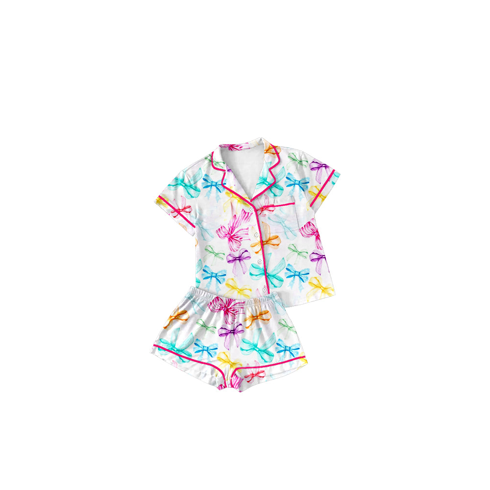 Preorder GSSO1478 White short-sleeved shorts pajama set with colorful bows