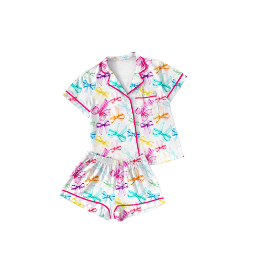 Preorder GSSO1479 White short-sleeved shorts and pajama set with colorful bow pattern for adult women