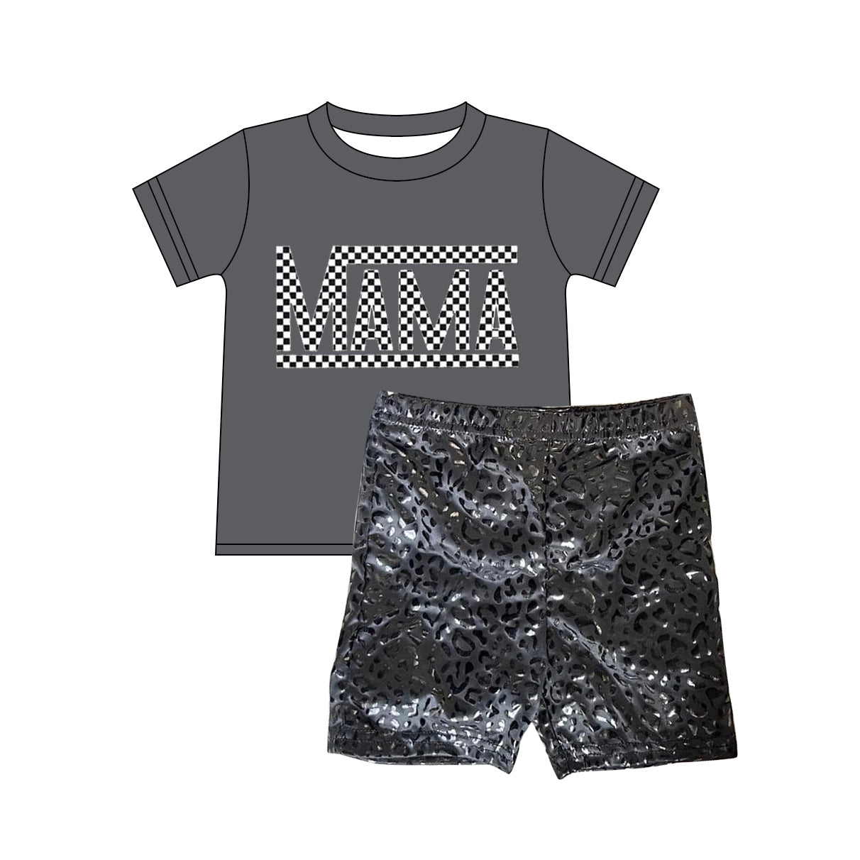 Preorder GSSO1482 Adult female mama grey short sleeve leopard print black offset shorts set