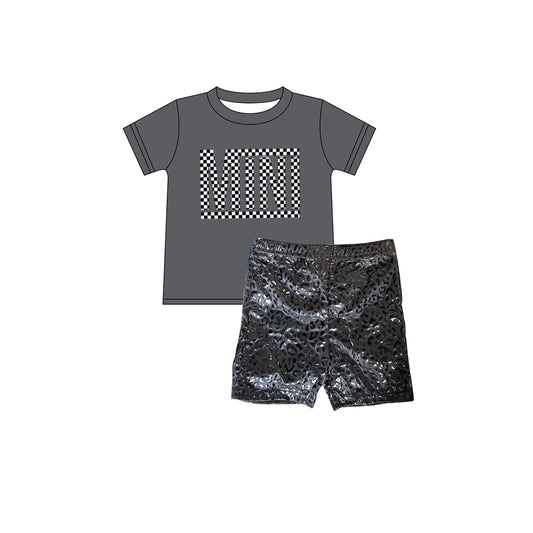 Preorder GSSO1483 mini grey short sleeve black offset print shorts set