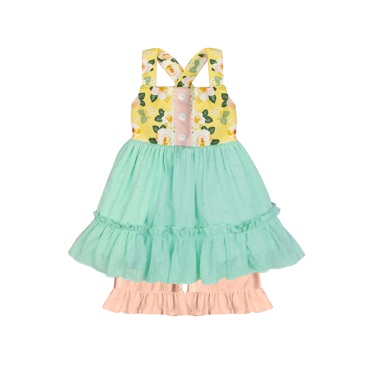 Preorder GSSO1485 Flower leaves lace turquoise tulle yellow sleeveless pink orange shorts set