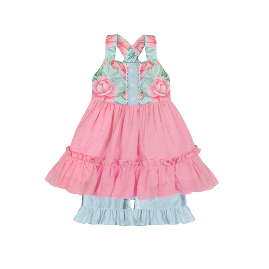 Preorder GSSO1486 Flower leaves lace pink tulle blue sleeveless light blue shorts set