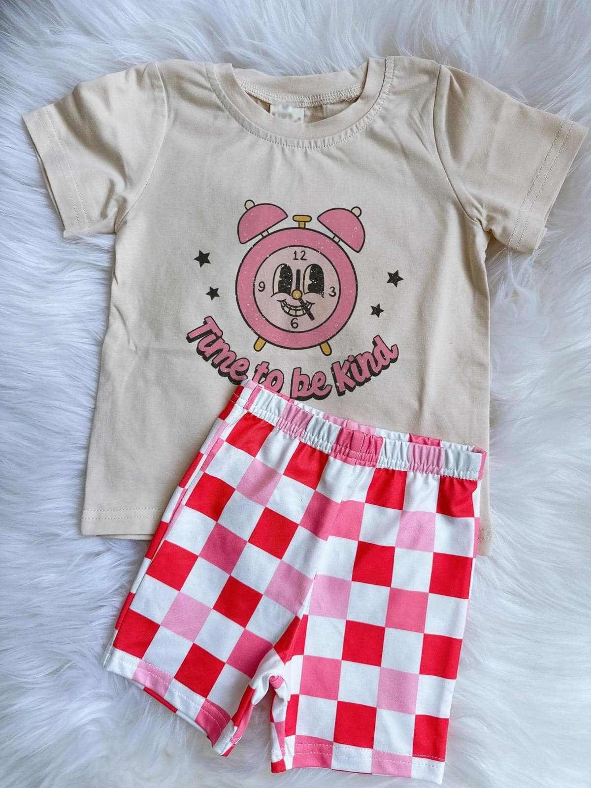 Preorder GSSO1489 Smiley face alarm clock short sleeve pink plaid white shorts suit