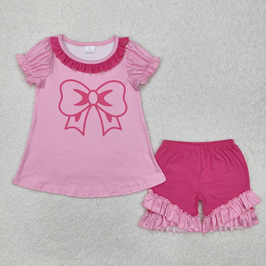 GSSO1531 Rose Red Bow Ruffled short sleeve top shorts set Girls clothing sets summer outfit RTS 202501