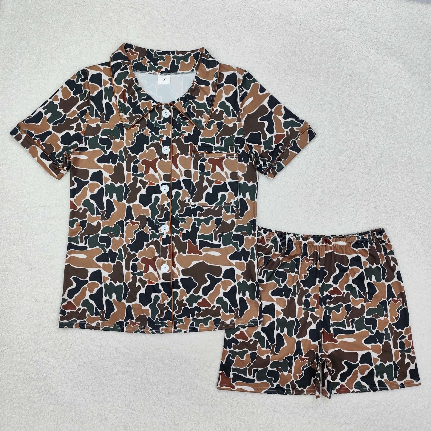 GSSO1538 Adult Female Brown Green Camouflage Polo Buttons Short Sleeve Short Pajama Sets RTS 20241129