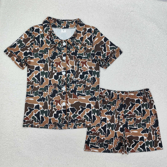 GSSO1538 Adult Female Brown Green Camouflage Polo Buttons Short Sleeve Short Pajama Sets RTS 20241129
