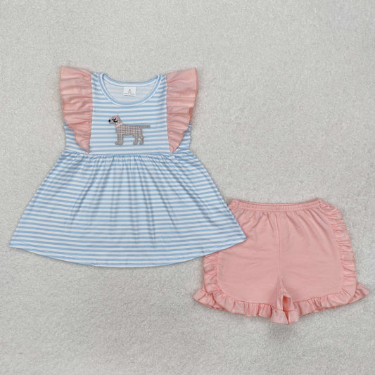 GSSO1563 Embroidered Puppy Pink Ruffled Blue Striped sleeveless top shorts Girls boutique summer outfit 202501