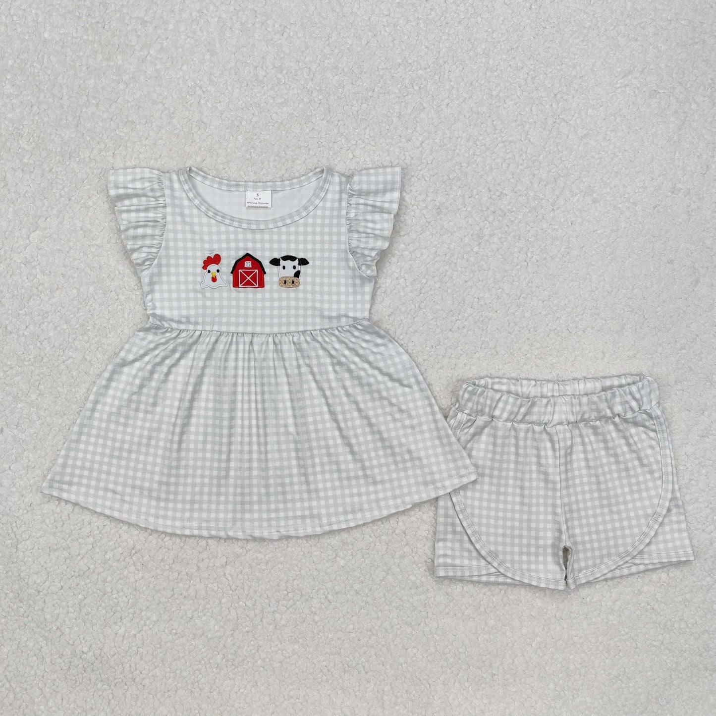 GSSO1564  girls clothing outfits embroidery cute cow rooster gray striped 202412RTS