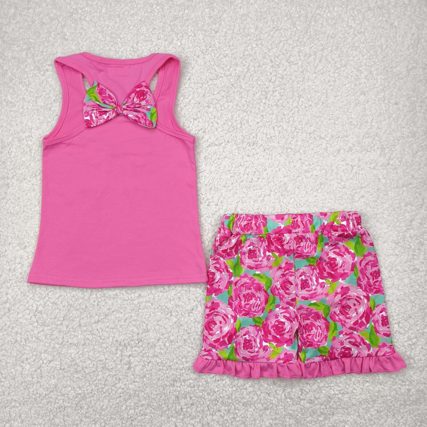GSSO1605 Embroidered Flower Bow Rose Red Ruffle Sleeveless  Shorts Sets Girls Boutique Outfit 202504 RTS