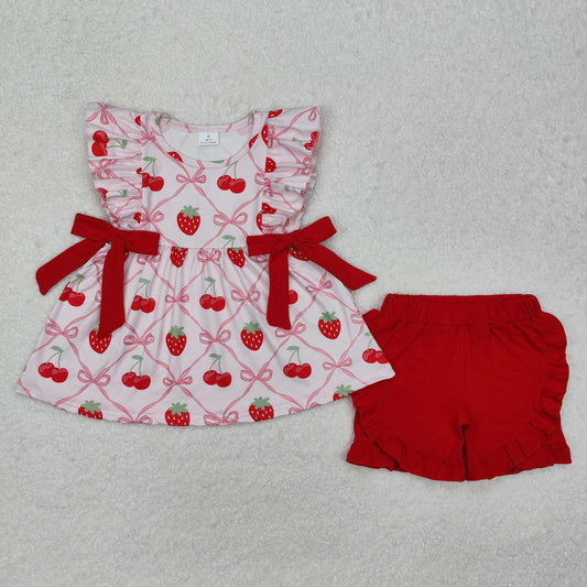 GSSO1640 Pink Red Ruffle sleeveless top shorts with strawberry baby girls boutique outfit  202501
