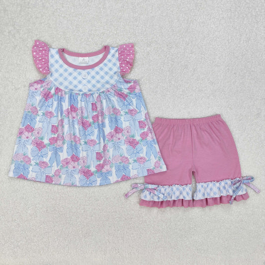 GSSO1642 Pink Dot Blue Plaid Flower Bows Ruffle  Sleeveless top shorts sets girls boutique outfit 202503 RTS