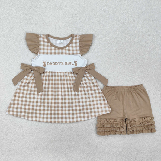 GSSO1644 Daddy's girl Beige Plaid Ruffled Bow Flying short sleeve top shorts set boutique girls clothing sets summer outfit RTS 202501