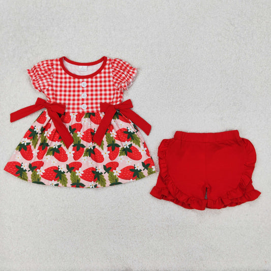 GSSO1648 Red plaid strawberry bows short sleeve top shorts set girls boutique outfits 202503 RTS