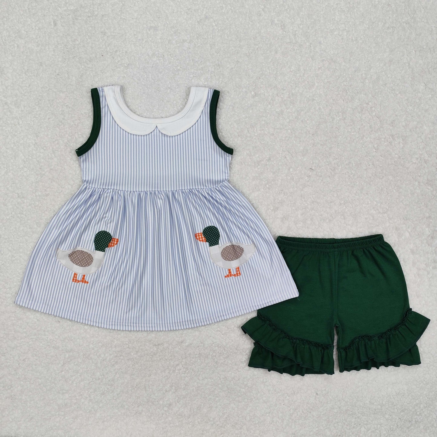 GSSO1658  Blue Sleeveless top Dark Green ruffle shorts outfit with duck summer clothes for girls Outfit  RTS 202412