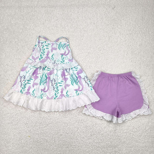 GSSO1675  Mermaid Seaweed Lace Ruffle Purple Sleeveless Shorts Set Girls Boutique Summer outfit 202504 RTS