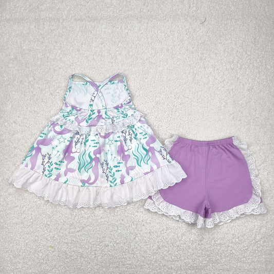 GSSO1675  Mermaid Seaweed Lace Ruffle Purple Sleeveless Shorts Set Girls Boutique Summer outfit 202504 RTS