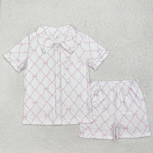GSSO1708 Adult women's Pink Bow button short sleeve pants pajamas set with pocket  RTS 202412