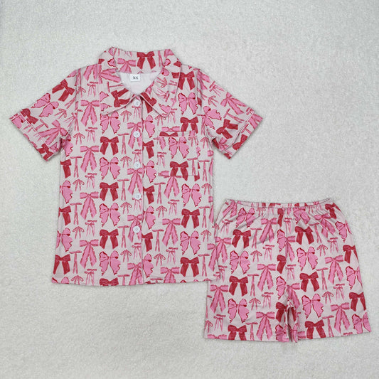 GSSO1717  Adult women's Pink Bow button short sleeve pants pajamas set with pocket sweet girl boutique outfit RTS 202501
