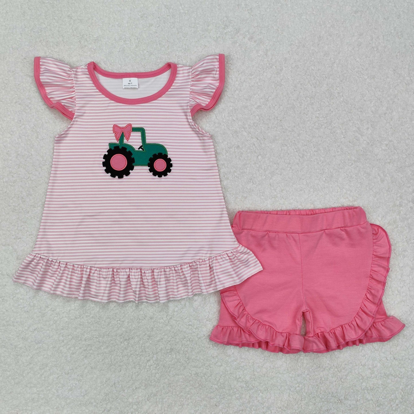 GSSO1757 Embroidered truck Bow Pink Striped Flying sleeve top ruffle shorts Girls boutique summer outfit 202501