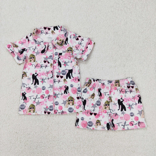 GSSO1772 Taylor Swift Pink Button Short Sleeve Top Shorts Pajamas Sets Boutique Girls Outfits 202503 RTS